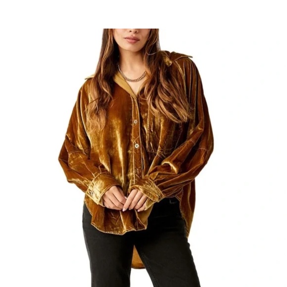 Gold Crushed Velvet Button Down - Picture 4 of 9